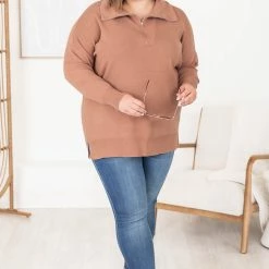 Cheap 🛒 Pink Lily Pulling Heartstrings Camel Quarter Zip Pullover 😀 -Glam-girl Sales 183436 1 650x