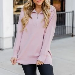 Cheap ⭐ Pink Lily Pulling Heartstrings Mauve Quarter Zip Pullover ⌛