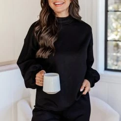 Outlet 😀 Pink Lily How Will I Know Black Mock Neck Lounge Top 🥰