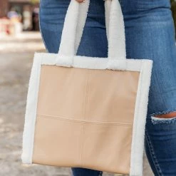 Wholesale 😀 Pink Lily On Your Own Taupe Leather And Sherpa Trim Tote 🥰