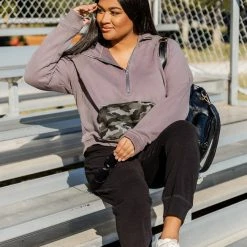 Discount 😀 Pink Lily Making It Look Easy Camo Ribbed Shoulder Quarter Zip Pullover 🌟