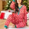 New 😉 Pink Lily Home For The Holidays Red Henley 🎄 Christmas Print Pajama Top 👏