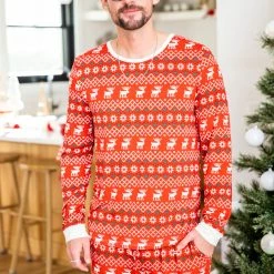 Deals ✔️ Pink Lily Mens Home For The Holidays Red 🎅 Christmas Print Pajama Top ✨