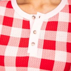 Budget 😍 Pink Lily Deck The Halls Red And Pink Plaid Waffle Knit Henley Pajama Top 👍 -Glam-girl Sales 185708 185710 13 650x