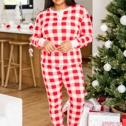 Budget 😍 Pink Lily Deck The Halls Red And Pink Plaid Waffle Knit Henley Pajama Top 👍 -Glam-girl Sales 185708 185710 17 650x