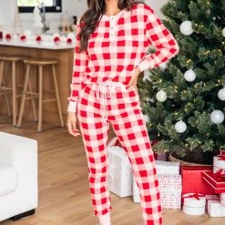 Budget 😍 Pink Lily Deck The Halls Red And Pink Plaid Waffle Knit Henley Pajama Top 👍