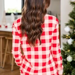 Budget 😍 Pink Lily Deck The Halls Red And Pink Plaid Waffle Knit Henley Pajama Top 👍 -Glam-girl Sales 185708 185710 9 650x