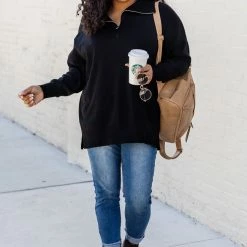 Best Pirce 🛒 Pink Lily Pulling Heartstrings Black Quarter Zip Pullover ✔️