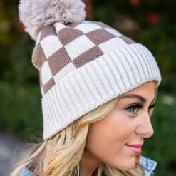 Budget ✔️ Pink Lily Rosy Cheeks Brown Checkered Beanie ⌛