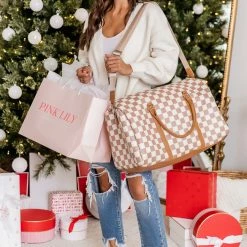 Coupon 😉 Pink Lily Boujee Weekend Away Camel Checkered Duffle Bag 🧨
