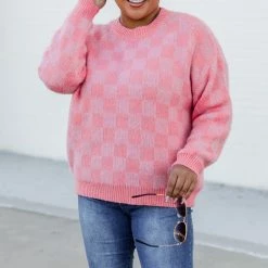 Promo 👍 Pink Lily Time To Shine Pink Checkered Sweater FINAL SALE 👏 -Glam-girl Sales 186382 22 650x