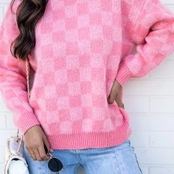 Promo ๐ Pink Lily Time To Shine Pink Checkered Sweater FINAL SALE ๐