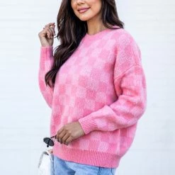 Promo 👍 Pink Lily Time To Shine Pink Checkered Sweater FINAL SALE 👏 -Glam-girl Sales 186382 9 650x