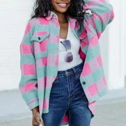 Best Sale ❤️ Pink Lily In The Mix Mint And Pink Plaid Shacket ❤️ -Glam-girl Sales 186544 18 650x