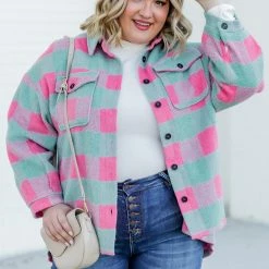 Best Sale ❤️ Pink Lily In The Mix Mint And Pink Plaid Shacket ❤️