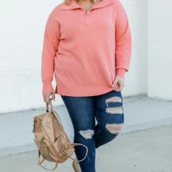 Deals ⌛ Pink Lily Pulling Heartstrings Coral Quarter Zip Pullover 🎉 -Glam-girl Sales 187312 20 650x