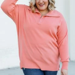 Deals ⌛ Pink Lily Pulling Heartstrings Coral Quarter Zip Pullover 🎉 -Glam-girl Sales 187312 22 650x