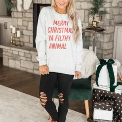 Buy ⭐ Pink Lily Merry 🎁 Christmas Ya Filthy Animal Graphic Sweatshirt ❤️