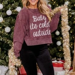 Best Pirce 🤩 Pink Lily Baby It's Cold Outside Cropped Corded Maroon Graphic Sweatshirt 💯