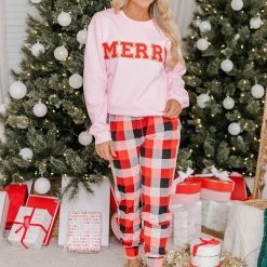 Buy ❤️ Pink Lily Merry Red Chenille Patch Graphic Sweatshirt 🛒