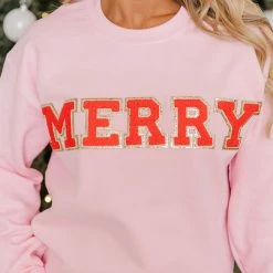 Buy ❤️ Pink Lily Merry Red Chenille Patch Graphic Sweatshirt 🛒 -Glam-girl Sales 219A2546 650x