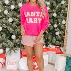 Discount ⌛ Pink Lily Santa Baby Pink Chenille Patch Graphic Sweatshirt 👏 -Glam-girl Sales 219A2580 650x