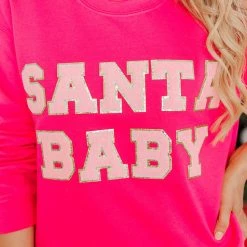 Discount ⌛ Pink Lily Santa Baby Pink Chenille Patch Graphic Sweatshirt 👏 -Glam-girl Sales 219A2588 650x