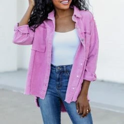 Cheap π€© Pink Lily Keep Me Grounded Purple Frayed Edge Cord Shacket β