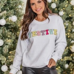 Discount 🥰 Pink Lily Festive Chenille Patch Graphic Sweatshirt 👍