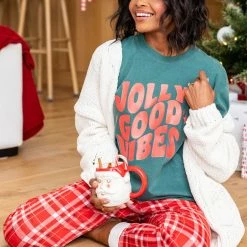 Best reviews of 🎉 Pink Lily Jolly Good Vibes Dark Green Graphic Tee 🛒