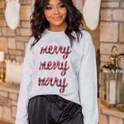Budget 🤩 Pink Lily Plaid Merry Merry Merry Ash Graphic Sweatshirt 🤩