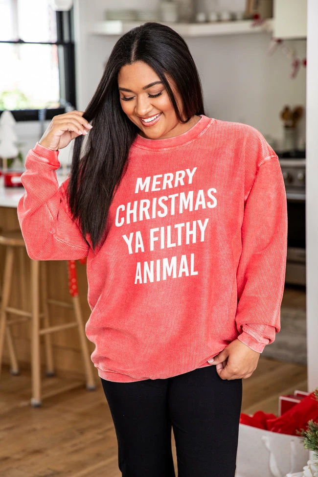 Budget 🔥 Pink Lily Merry 🎄 Christmas Ya Filthy Animal Red Corded Graphic Sweatshirt 🎁 5 Budget 🔥 Pink Lily Merry 🎄 Christmas Ya Filthy Animal Red Corded Graphic Sweatshirt 🎁 - Image 3