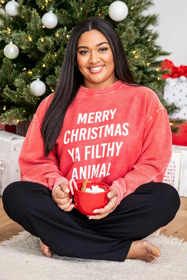 Budget 🔥 Pink Lily Merry 🎄 Christmas Ya Filthy Animal Red Corded Graphic Sweatshirt 🎁 3 Budget 🔥 Pink Lily Merry 🎄 Christmas Ya Filthy Animal Red Corded Graphic Sweatshirt 🎁