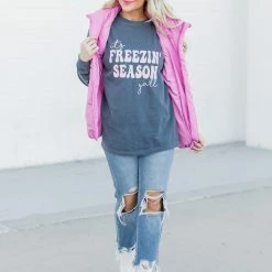 Promo 😉 Pink Lily It's Freezin' Season Yall Blue Long Sleeve Graphic Tee 💯 -Glam-girl Sales B189028 5 650x