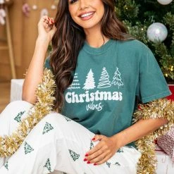 Deals 🔥 Pink Lily 🎄 Christmas Vibes Dark Green Graphic Tee 🛒