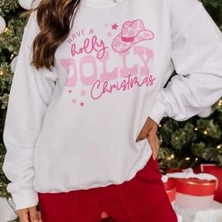Hot Sale 🤩 Pink Lily Have A Holly Dolly 🎄 Christmas White Graphic Sweatshirt 💯