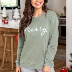 Best Pirce 🔥 Pink Lily Merry Script Olive Graphic Sweatshirt 🧨