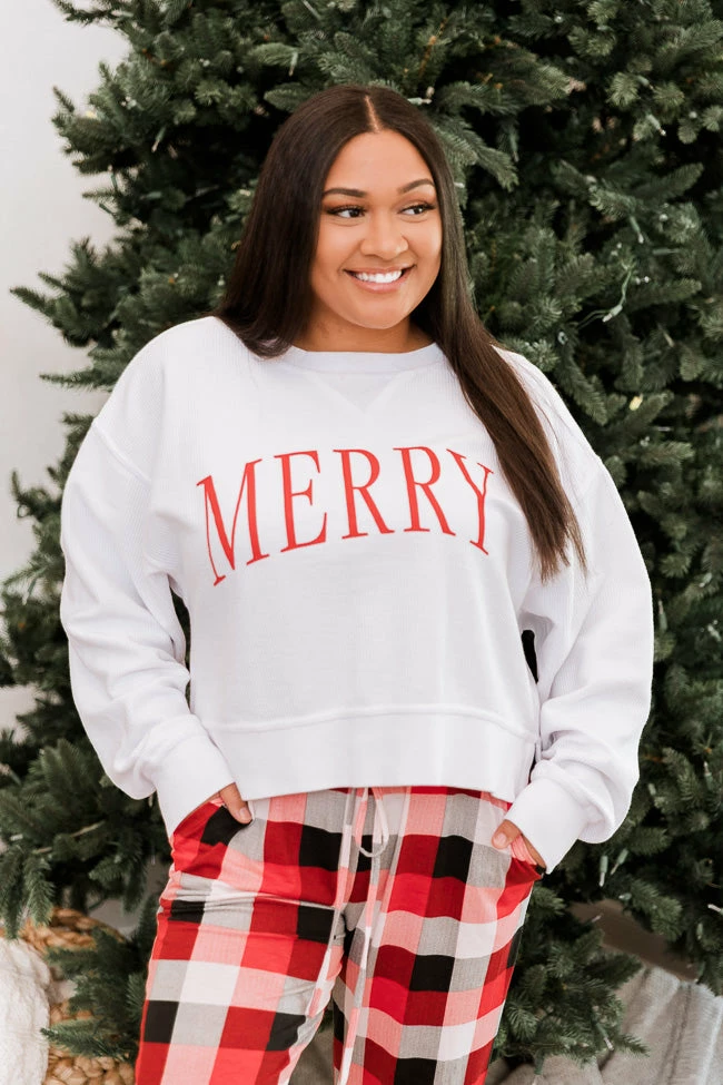 Cheapest 😀 Pink Lily Merry Varsity White Cropped Corded Graphic Sweatshirt 💯 - Image 3