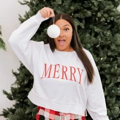 Cheapest 😀 Pink Lily Merry Varsity White Cropped Corded Graphic Sweatshirt 💯