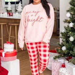 Best Pirce 👏 Pink Lily Merry & Bright Script Pink Corded Graphic Sweatshirt 🥰 -Glam-girl Sales I172138 merryandbrightpinkcordedsweatshirt 185710 deckthehallsjoggers 3 650x