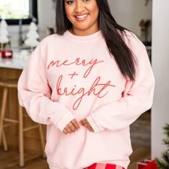 Best Pirce 👏 Pink Lily Merry & Bright Script Pink Corded Graphic Sweatshirt 🥰
