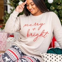 Best Sale 🥰 Pink Lily Merry & Bright Script Light Tan Graphic Sweatshirt ✨