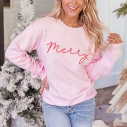 Budget ✨ Pink Lily Merry Script Light Pink Graphic Sweatshirt 😀
