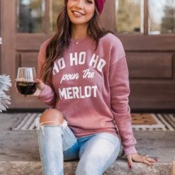 Outlet 🛒 Pink Lily Ho Ho Ho Pour The Merlot Mauve Graphic Sweatshirt 🎉