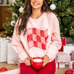 Budget 🛒 Pink Lily Merry Repeat Red And Pink Corded Graphic Sweatshirt 🥰