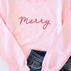 Budget ✨ Pink Lily Merry Script Light Pink Graphic Sweatshirt 😀 -Glam-girl Sales merry script 49994 650x