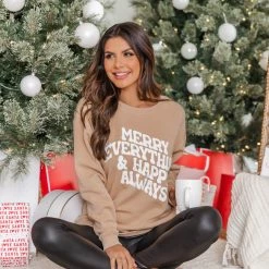 Discount 🤩 Pink Lily Merry Everything And Happy Always Light Tan Graphic Sweatshirt 😍 -Glam-girl Sales r174450 1 650x