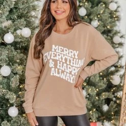 Discount 🤩 Pink Lily Merry Everything And Happy Always Light Tan Graphic Sweatshirt 😍 -Glam-girl Sales r174450 6 650x