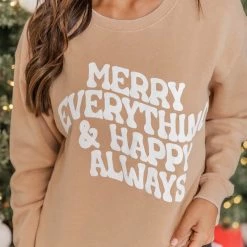 Discount 🤩 Pink Lily Merry Everything And Happy Always Light Tan Graphic Sweatshirt 😍 -Glam-girl Sales r174450 7 650x