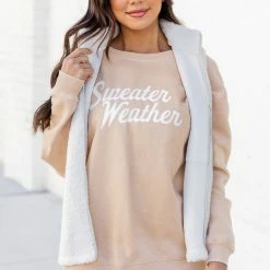 Flash Sale 🛒 Pink Lily Sweater Weather Light Tan Graphic Sweatshirt 🧨